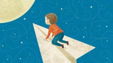 An illustration of a little boy riding a paper airplane to the moon