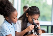 Photo of elementary school students with microscope